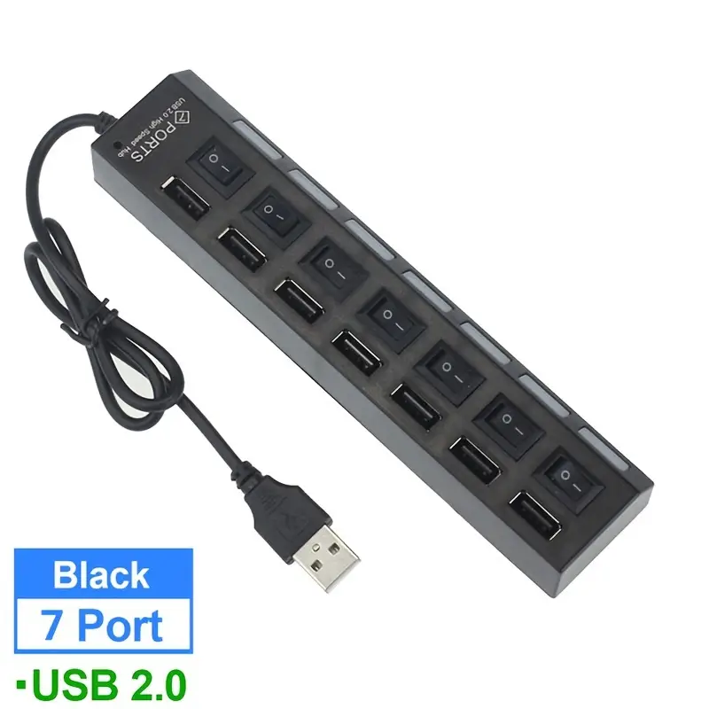 Concentrador de puertos USB 2,0 , adaptador de corriente de 7 puertos, interruptor