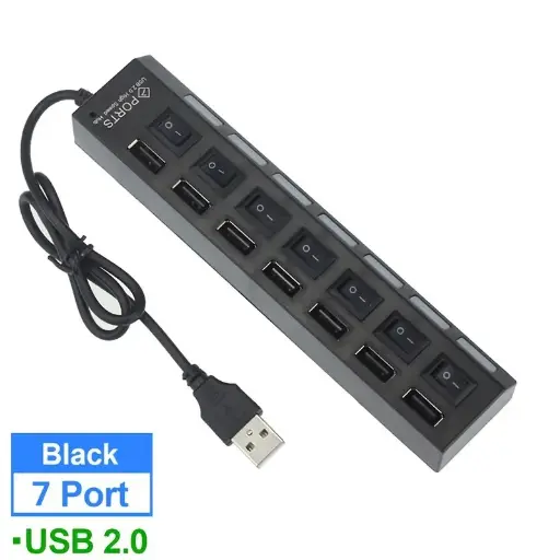 Concentrador de puertos USB 2,0 , adaptador de corriente de 7 puertos, interruptor